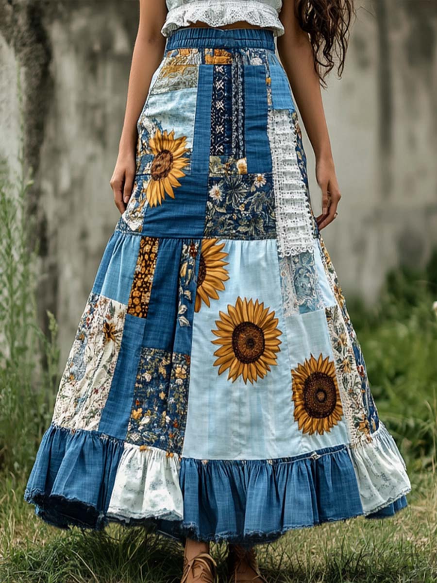 Women's Elastic Waist Sunflower Pattern Splicing Print A-Line Casual Cotton and Linen Skirt
