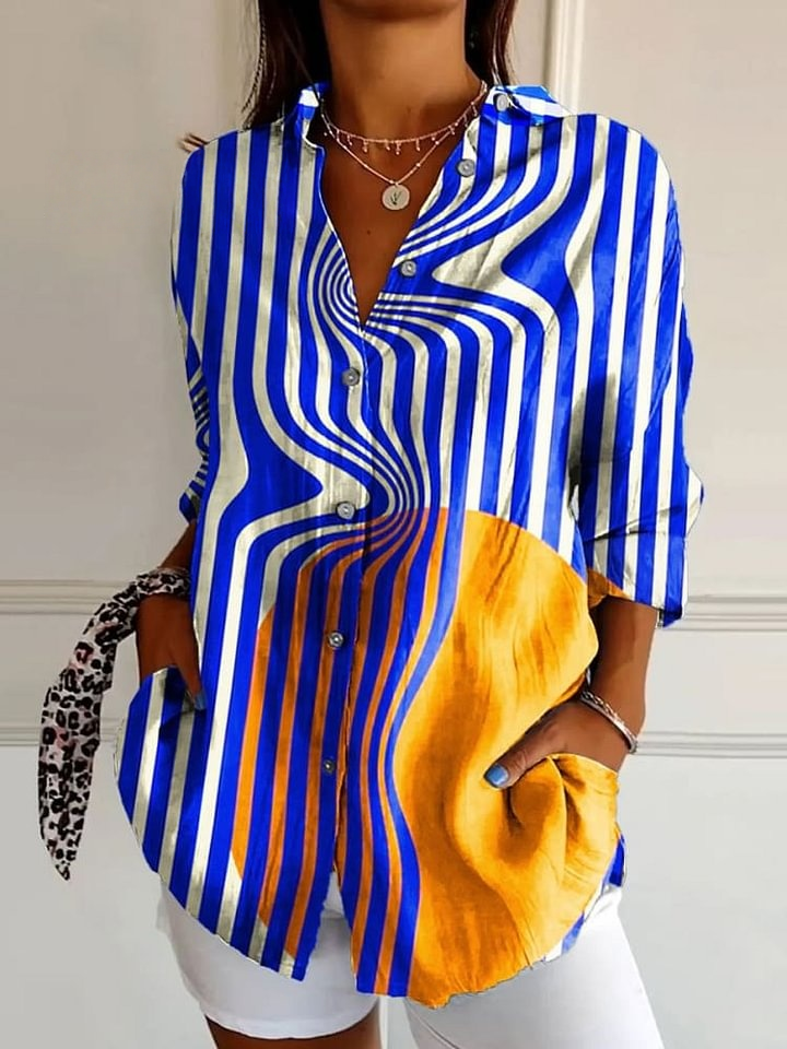 Women's Vintage Blue Line Minimalist Art Print Casual Cotton Shirt