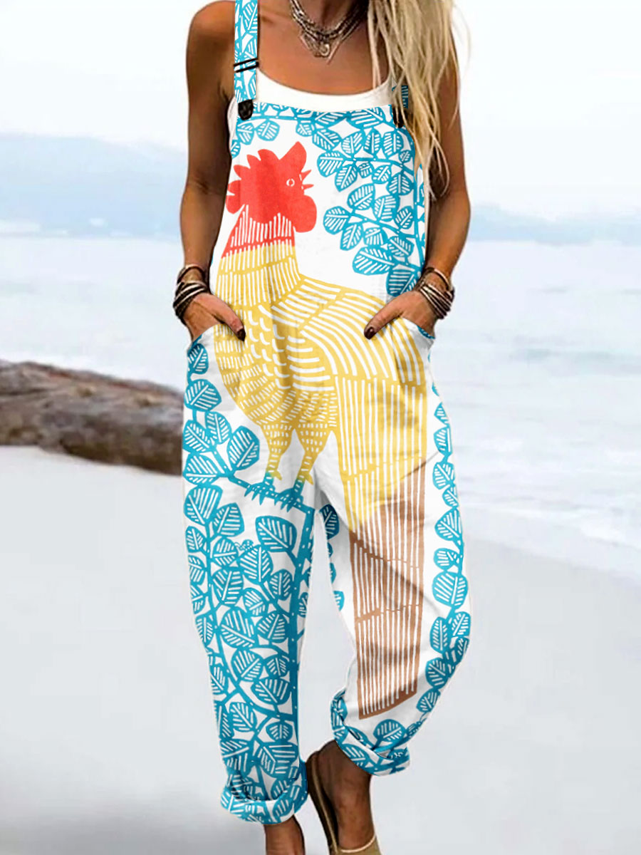 Women's Vintage Abstract Rooster Art Print Casual 100% Cotton Wide Leg Jumpsuit