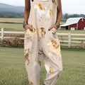 Women's  Funny  Farm Horse Flower Art Print Casual 100% Cotton Wide Leg Jumpsuit