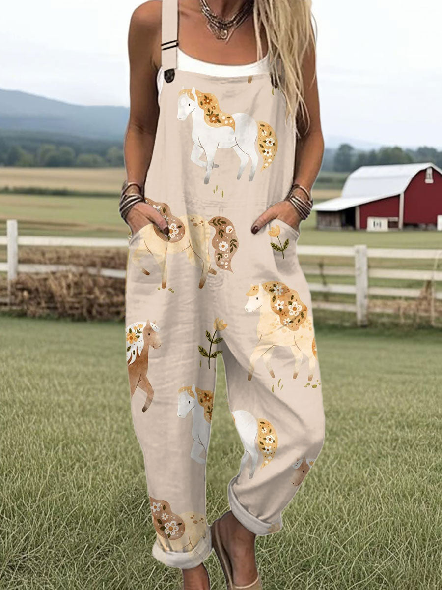 Women's  Funny  Farm Horse Flower Art Print Casual 100% Cotton Wide Leg Jumpsuit