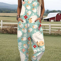 Women's  Funny Sheep Art Print Casual 100% Cotton Wide Leg Jumpsuit