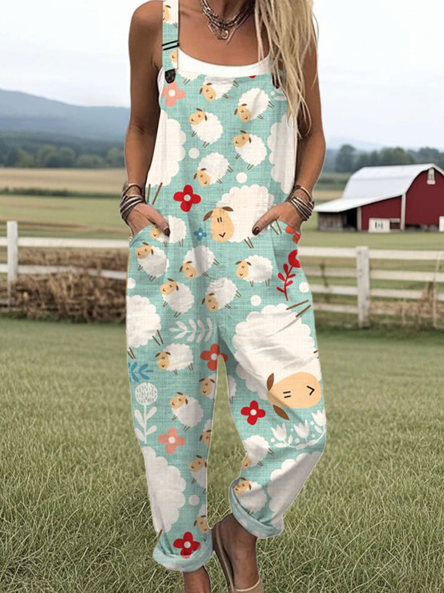 Women's  Funny Sheep Art Print Casual 100% Cotton Wide Leg Jumpsuit