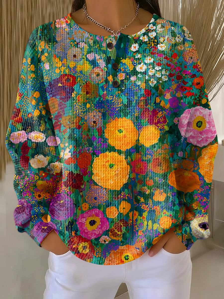 Women's Bright Colorful Floral Painting Art Print Casual Cotton Sweatshirt
