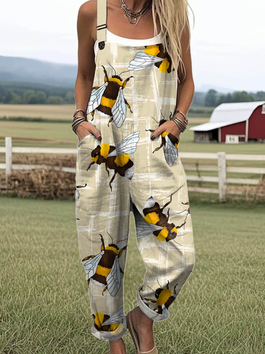 Women's Lovely Bees Art Print Casual 100% Cotton Wide Leg Jumpsuit