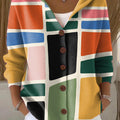 Women's Bright Colorful Abstract Geometric Painting Art Print Casual Hooded Button Sweater