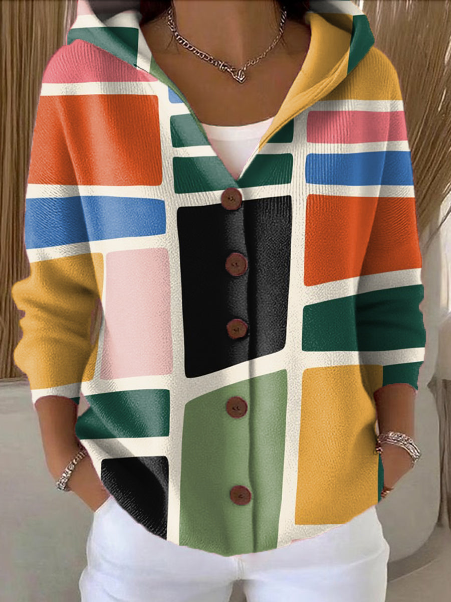 Women's Bright Colorful Abstract Geometric Painting Art Print Casual Hooded Button Sweater