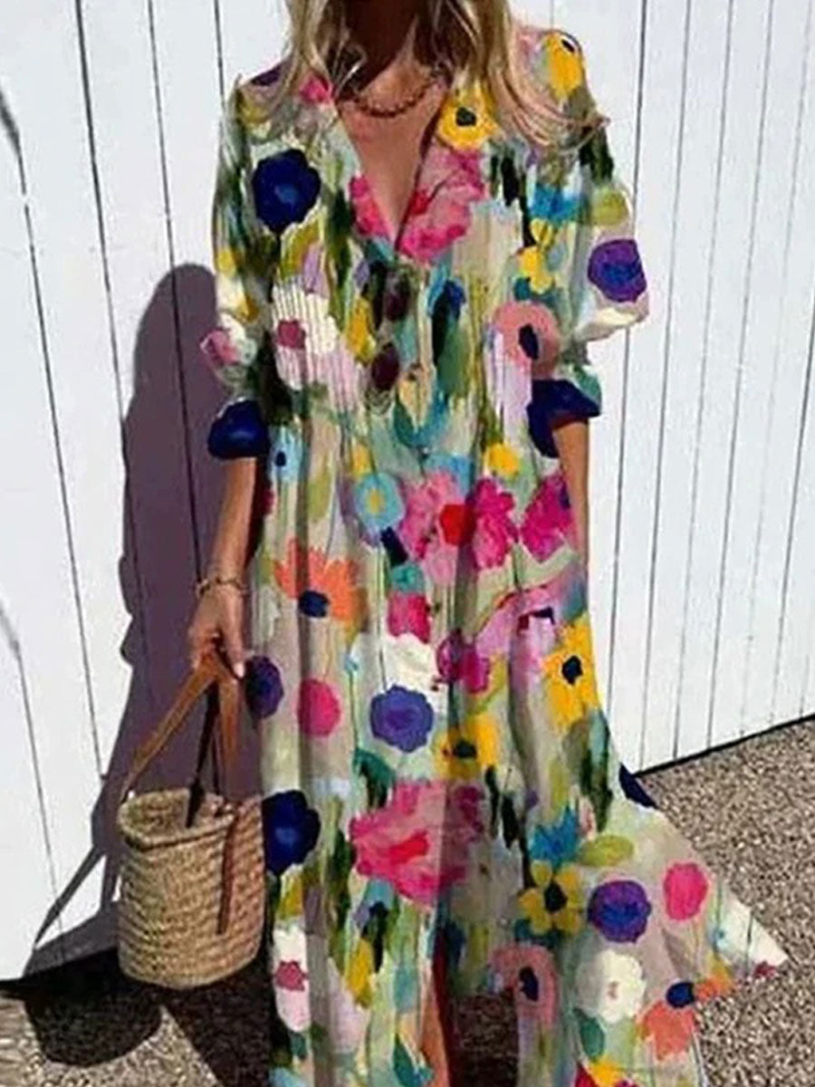 Women's Floral Art Print Pleated Casual Dress