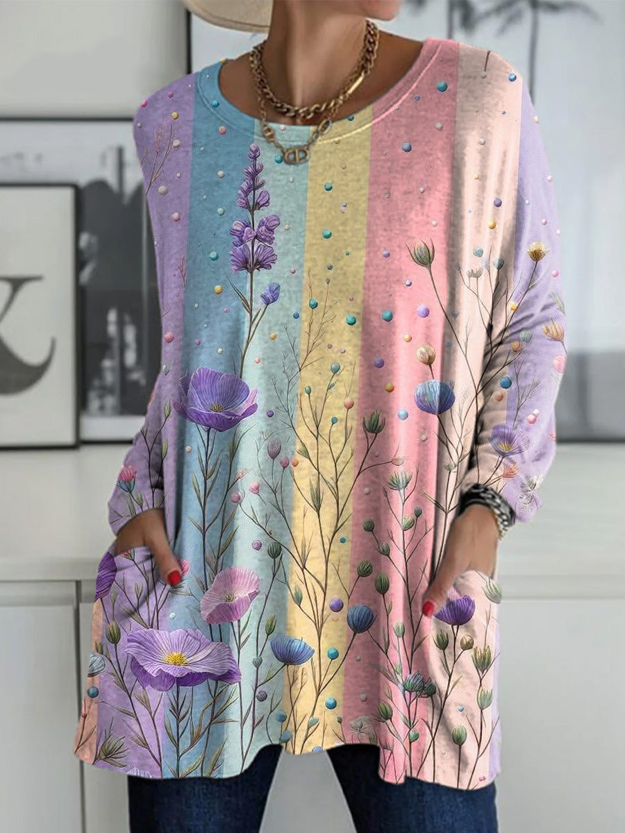 Women's Beautiful Colorful Striped Floral Painting Art Print Casual Long Sleeve T-shirt
