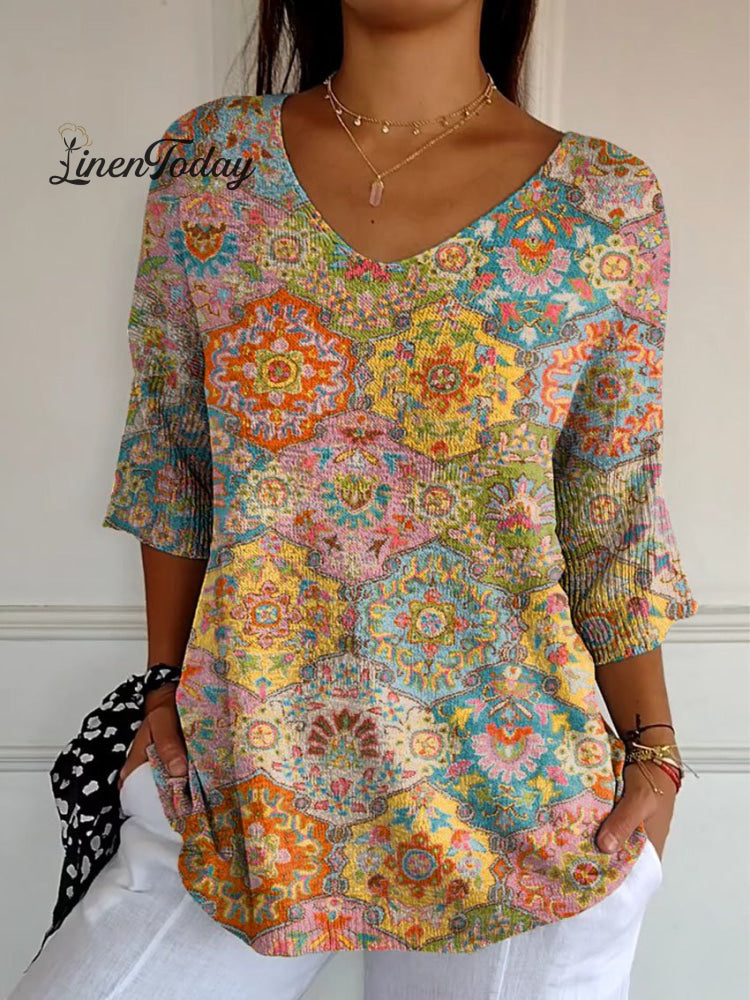 Women's Vintage Ethnic Floral Art Print Casual Pullover Knit