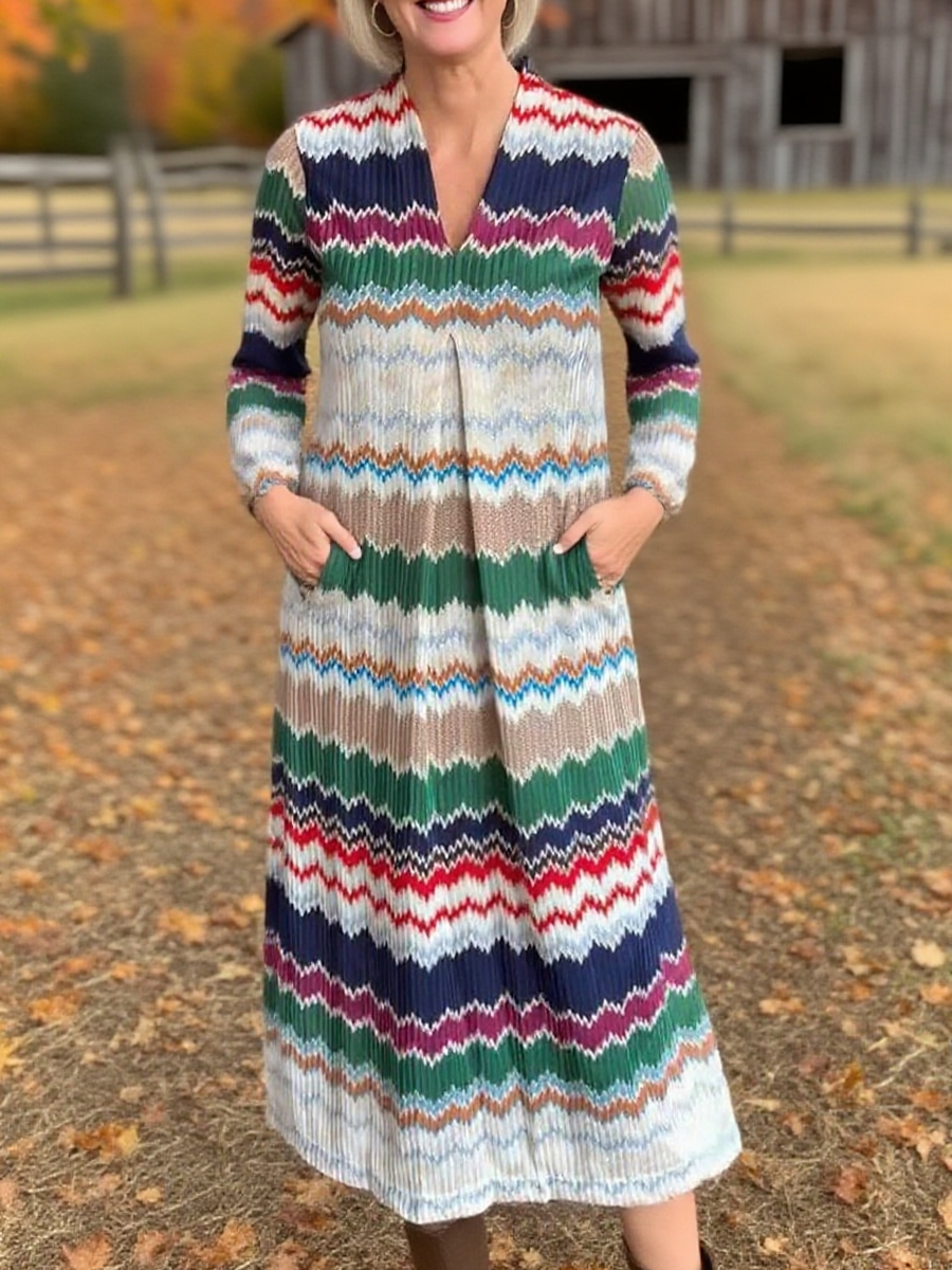 Women's Autumn Pleated V-Neck Herringbone Dress
