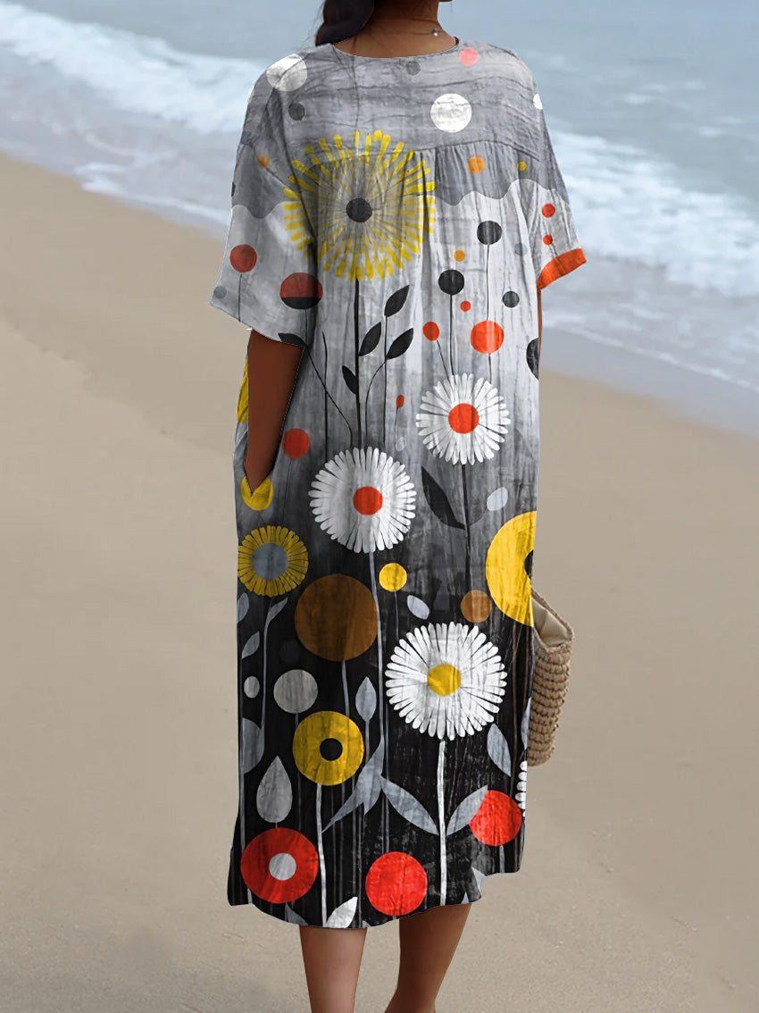 Oil Painting Summer Wild Floral Art Pattern Printed Women's Flowy Dress