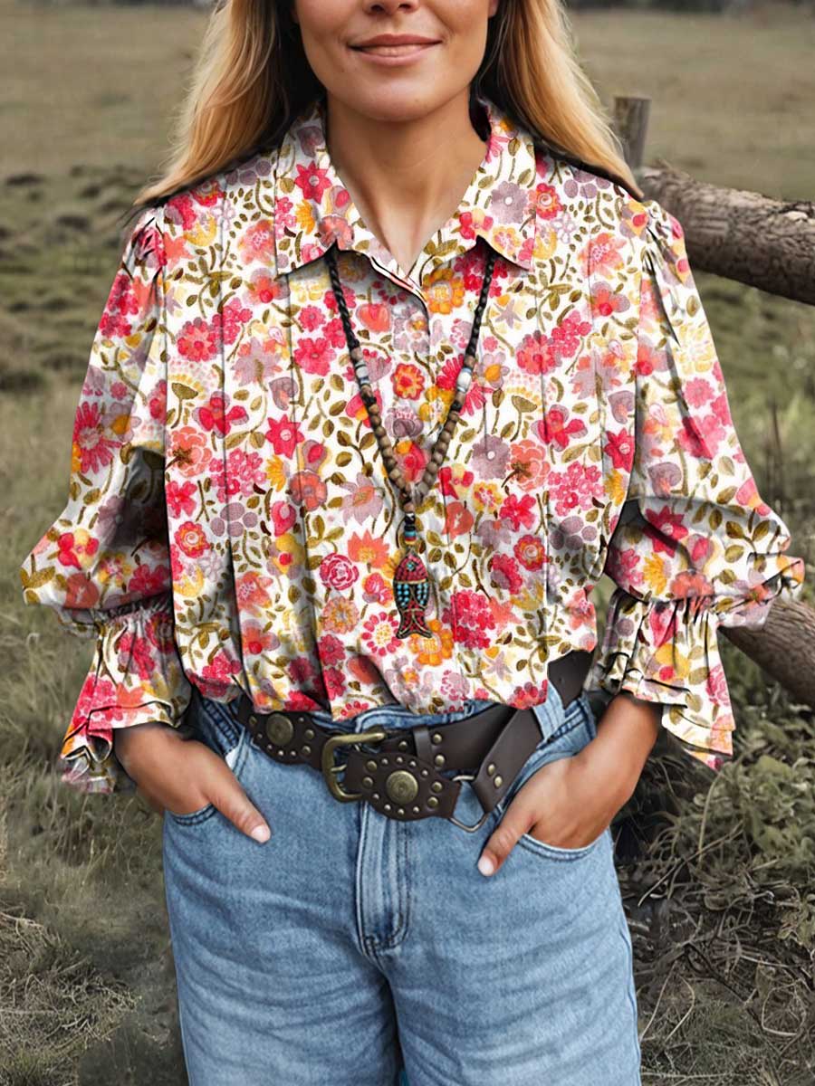 Women's Retro Floral Lapel Long Sleeve Pleated Casual Cotton and Linen Shirt