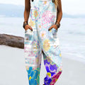 Women's Vintage Flower Art Print Casual 100% Cotton Wide Leg Jumpsuit