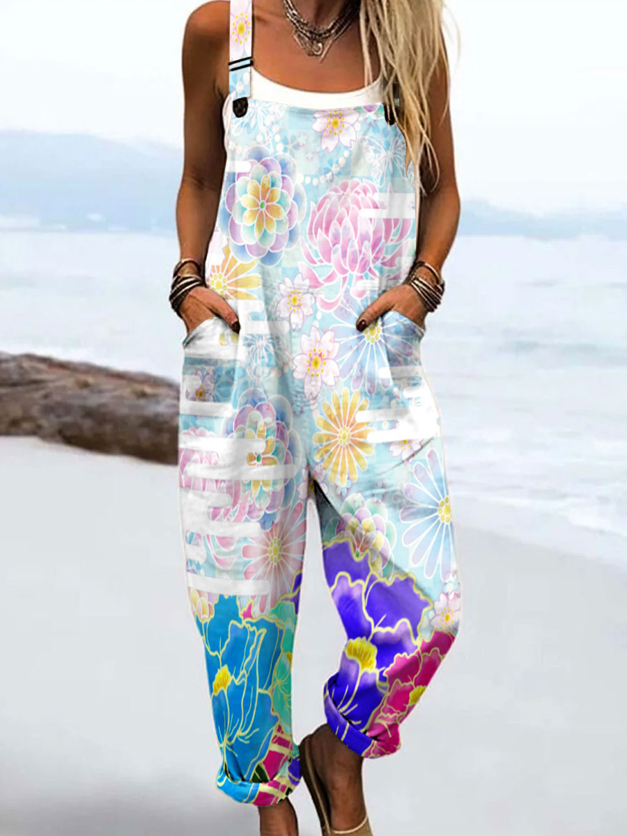Women's Vintage Flower Art Print Casual 100% Cotton Wide Leg Jumpsuit