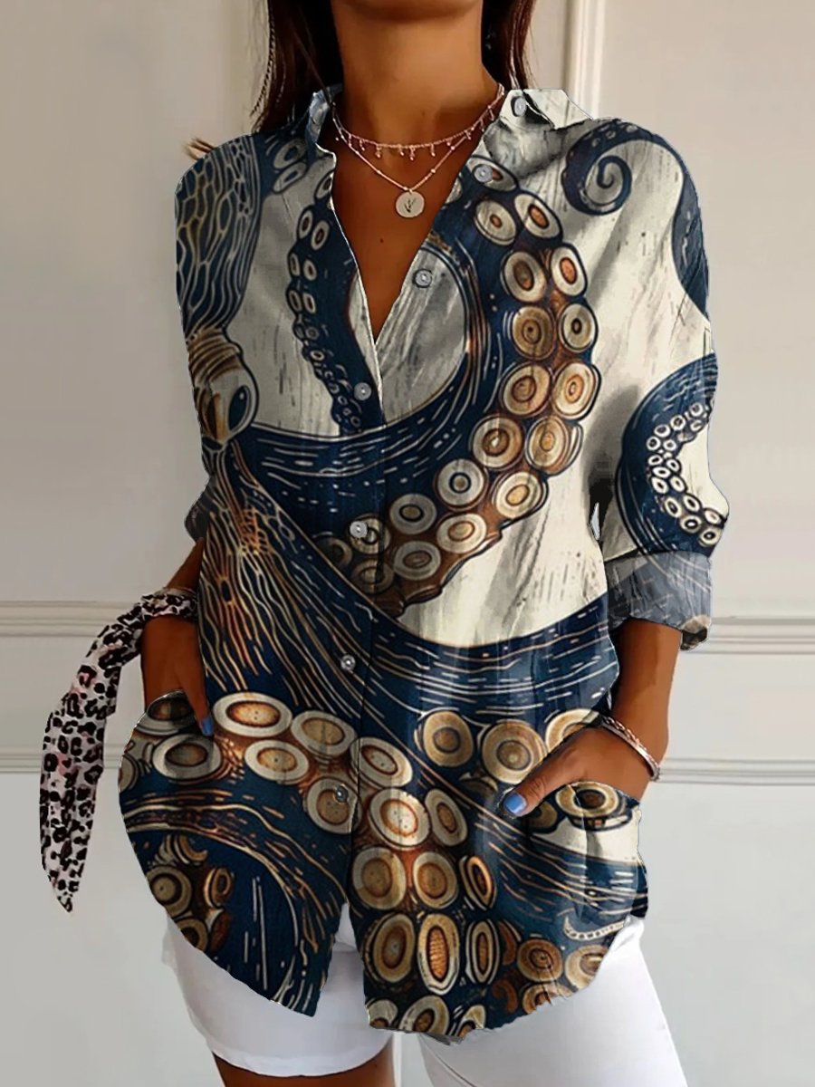 Women's Blue Gold Octopus Print Casual Cotton Shirt