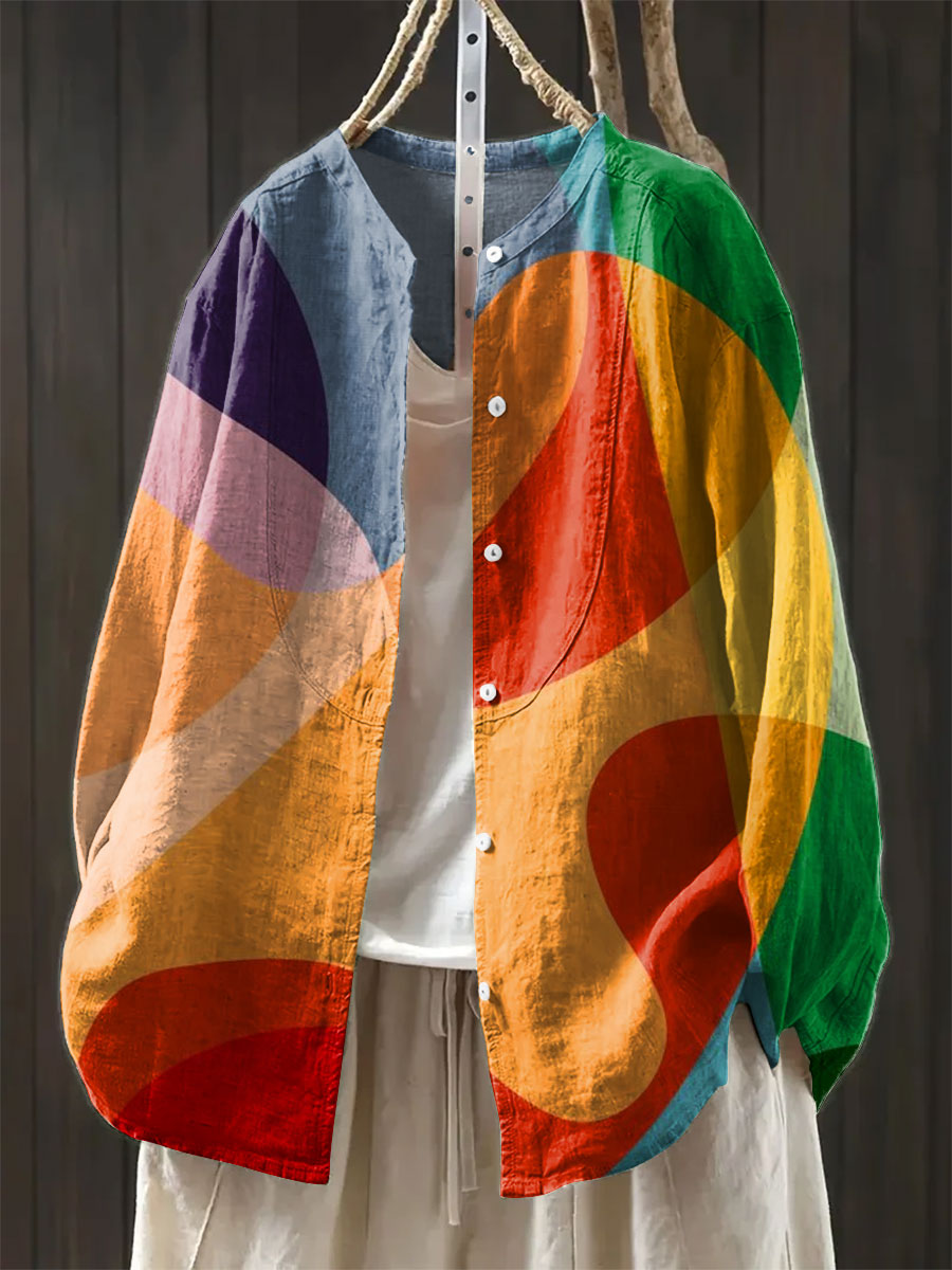 Women's Geometry Colors Abstract Art Print Casual Cotton And Linen Shirt