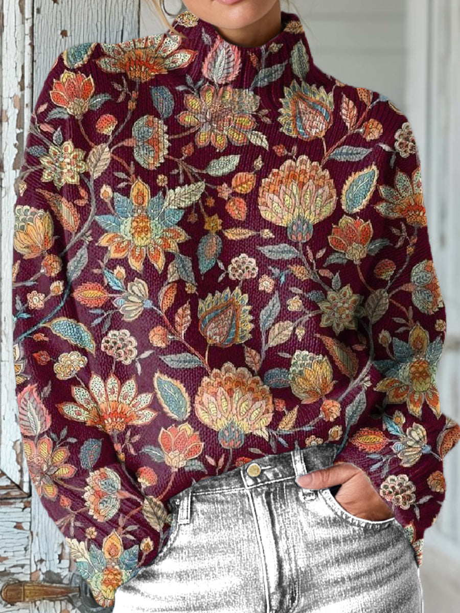 vintage-ethnic-floral-art-print-knit-turtleneck-pullover-sweater