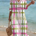 Bohemian-style Color-block Plaid Art Print Cotton-linen Dress