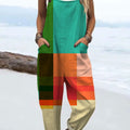 Women's  Vintage Abstract Geometry Art Print Casual 100% Cotton Wide Leg Jumpsuit