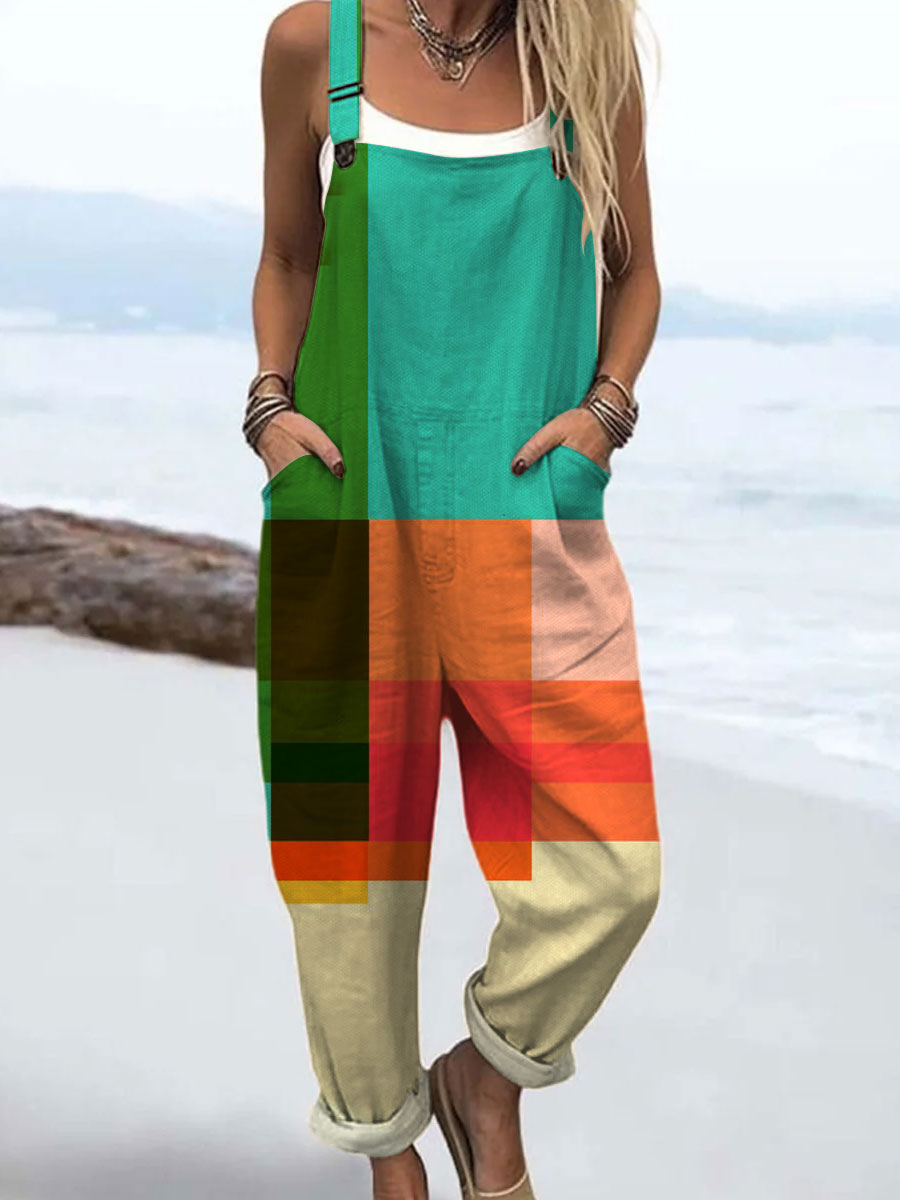 Women's  Vintage Abstract Geometry Art Print Casual 100% Cotton Wide Leg Jumpsuit