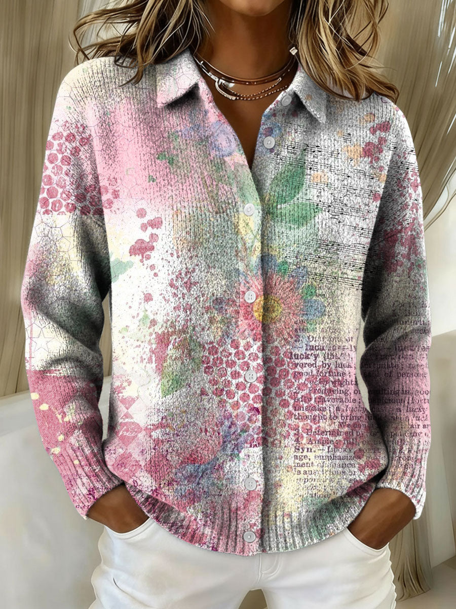 Women's Flowers Retro Splicing Gradient Pattern Print Cowl Neck Sweater