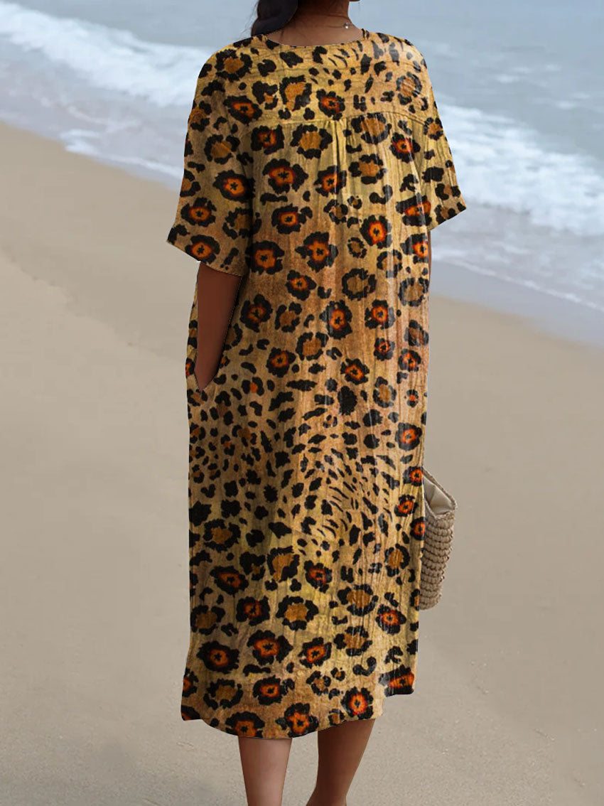 Women's Vintage Leopard Art Print Flowy Cotton Dress