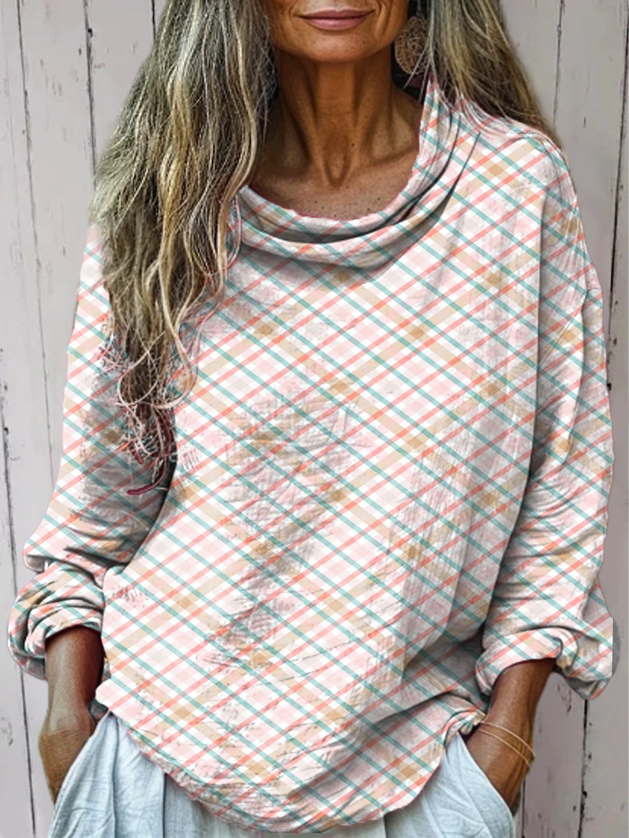 Women's Fine Plaid Print Casual Long Sleeve T-shirt