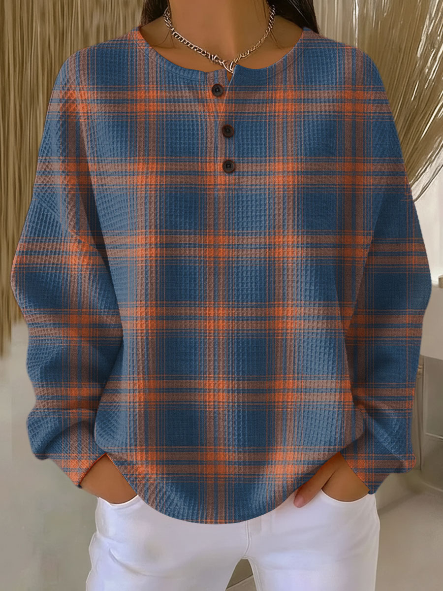 Women's Vintage Plaid Art Print Casual Waffle Henry Collar Sweatshirt