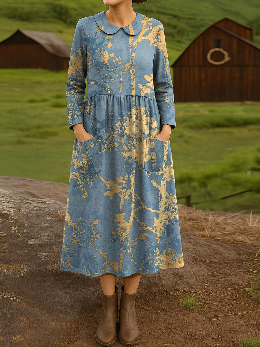 Women's Retro Flowers Pattern Art Print Cotton Lapel Button-Down Shirt Dress