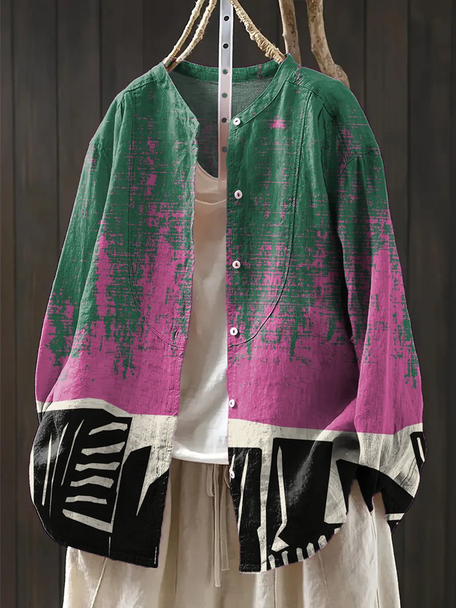 Women's Abstract Gradient Stripe Painting Art Print Casual Cotton And Linen Shirt