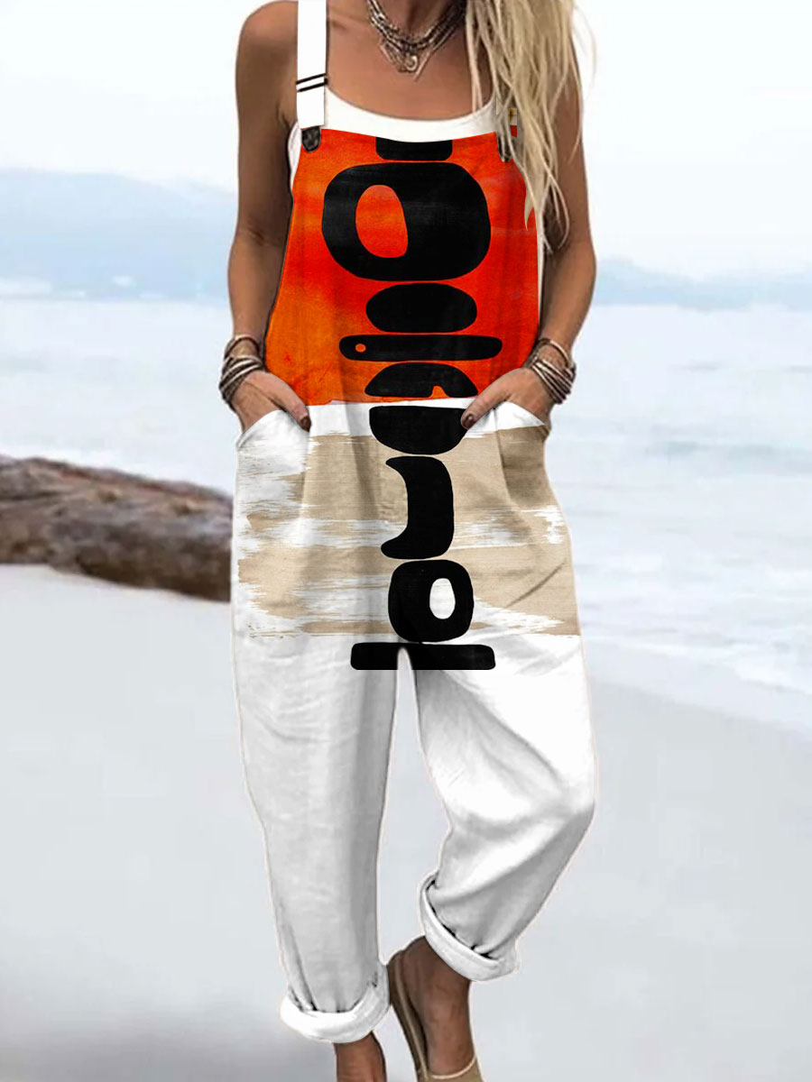 Women's Vintage Abstract Geometric Line Art Print Casual 100% Cotton Wide Leg Jumpsuit