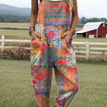 Women's  Patchwork Floral Art Print Casual 100% Cotton Wide Leg Jumpsuit