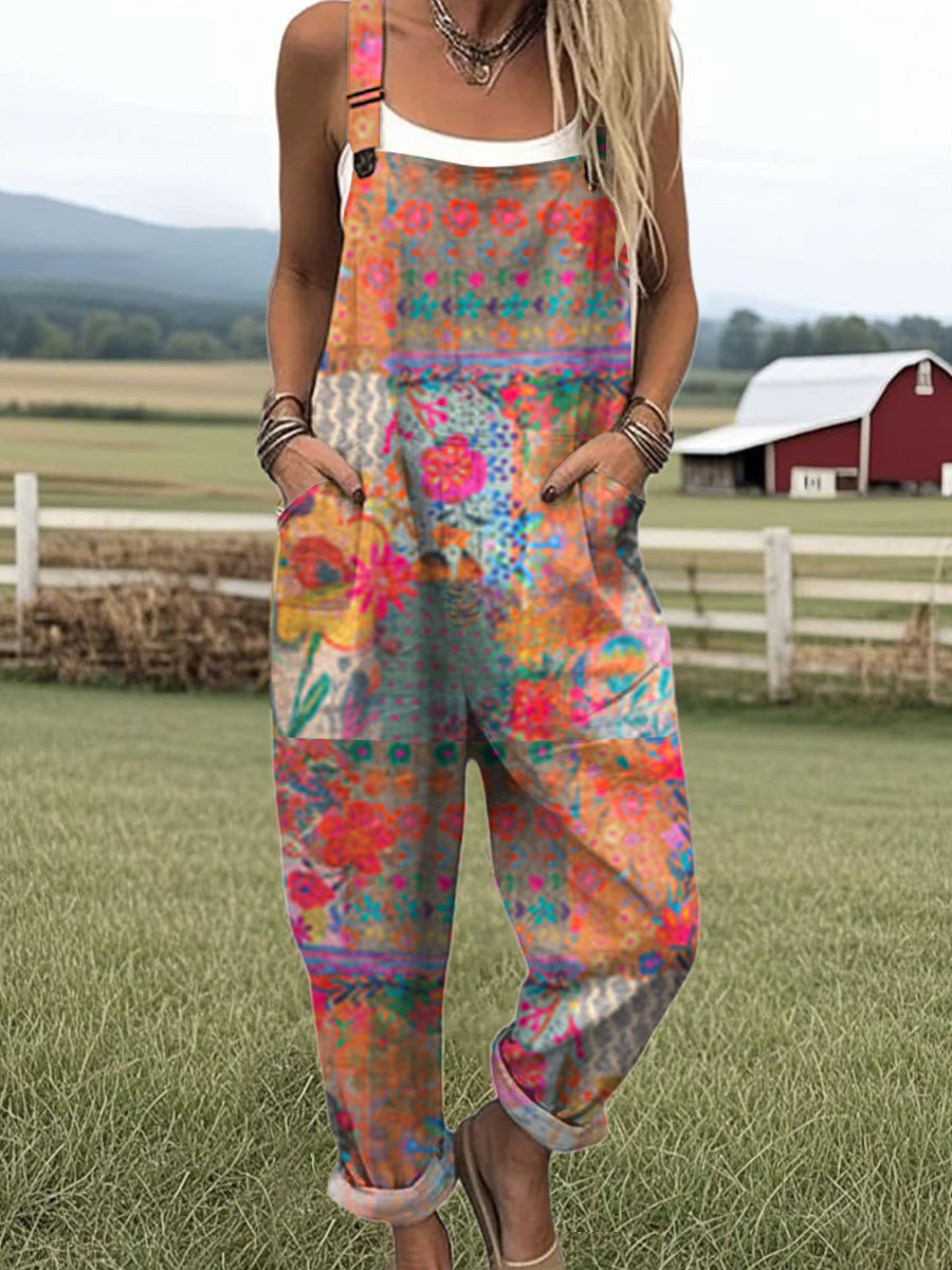 Women's  Patchwork Floral Art Print Casual 100% Cotton Wide Leg Jumpsuit