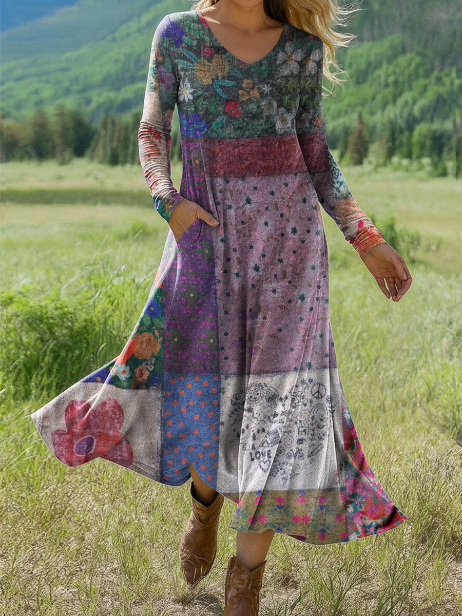 Women's Boho Floral Print Art Print Long-sleeved Dress