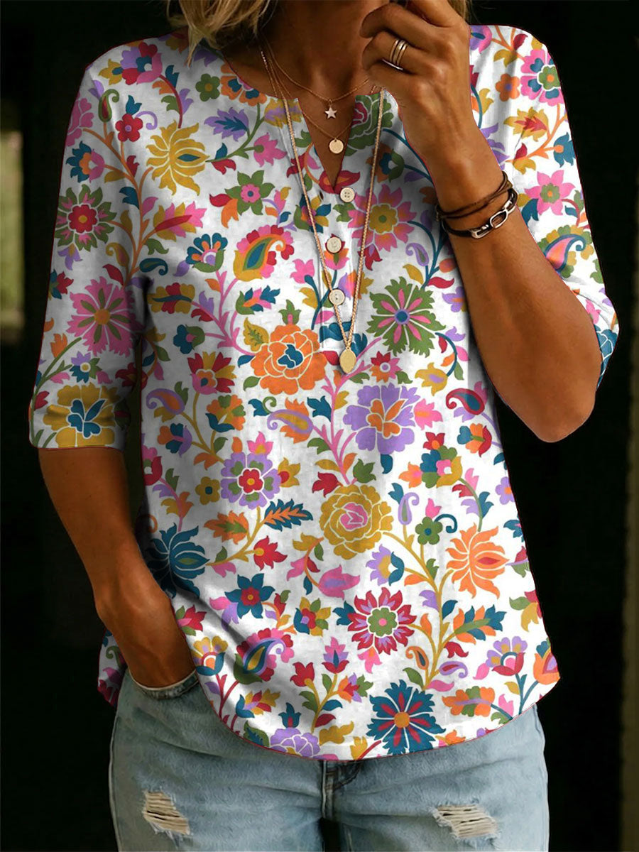 Women's Floral Pattern Art Casual Classic Henley Collar 100% Cotton T-shirt