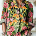 Women's Colorful Flowers And Butterflies Art Print Casual Cotton And Linen Ruffle Shirt