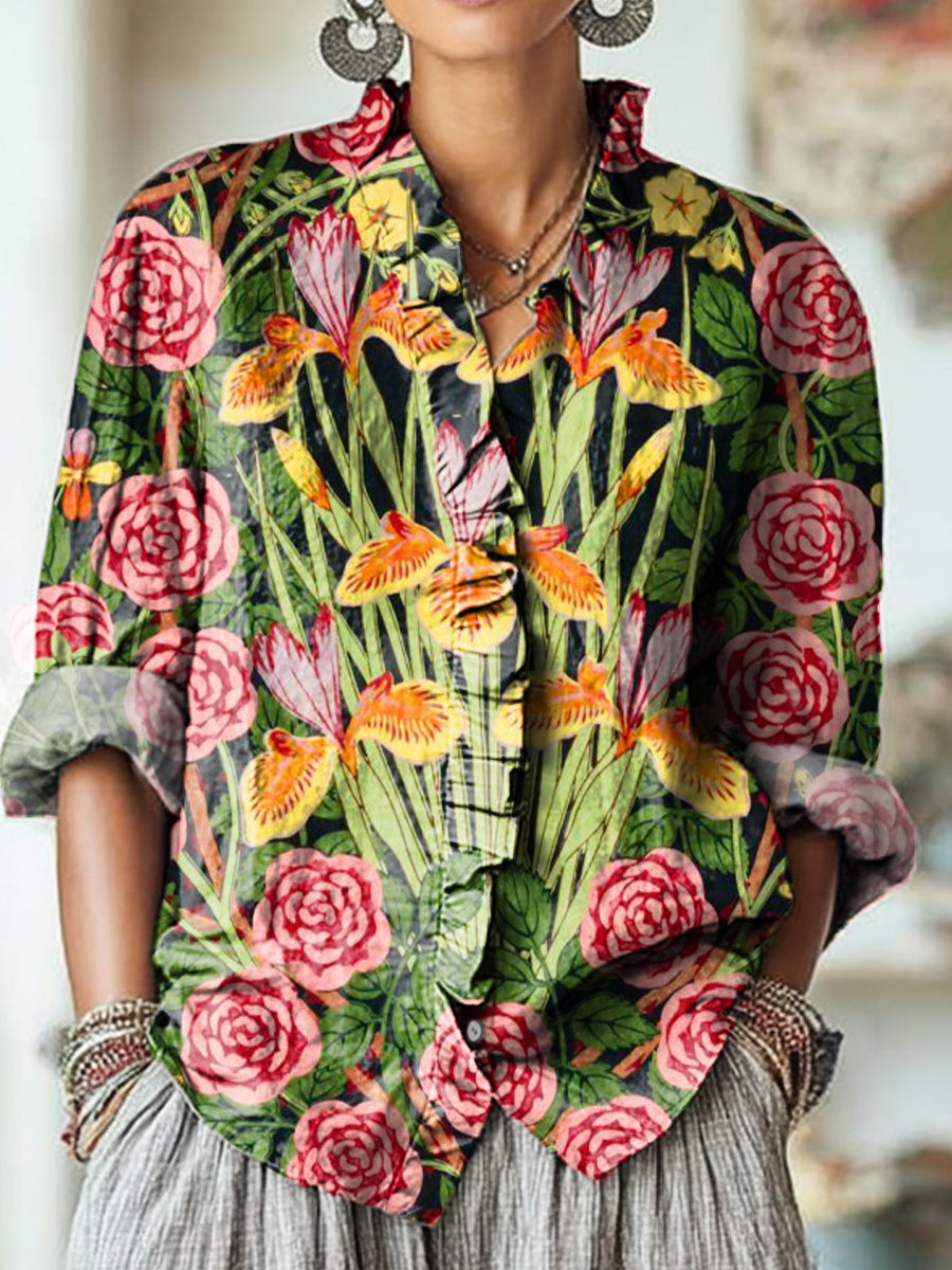 Women's Colorful Flowers And Butterflies Art Print Casual Cotton And Linen Ruffle Shirt