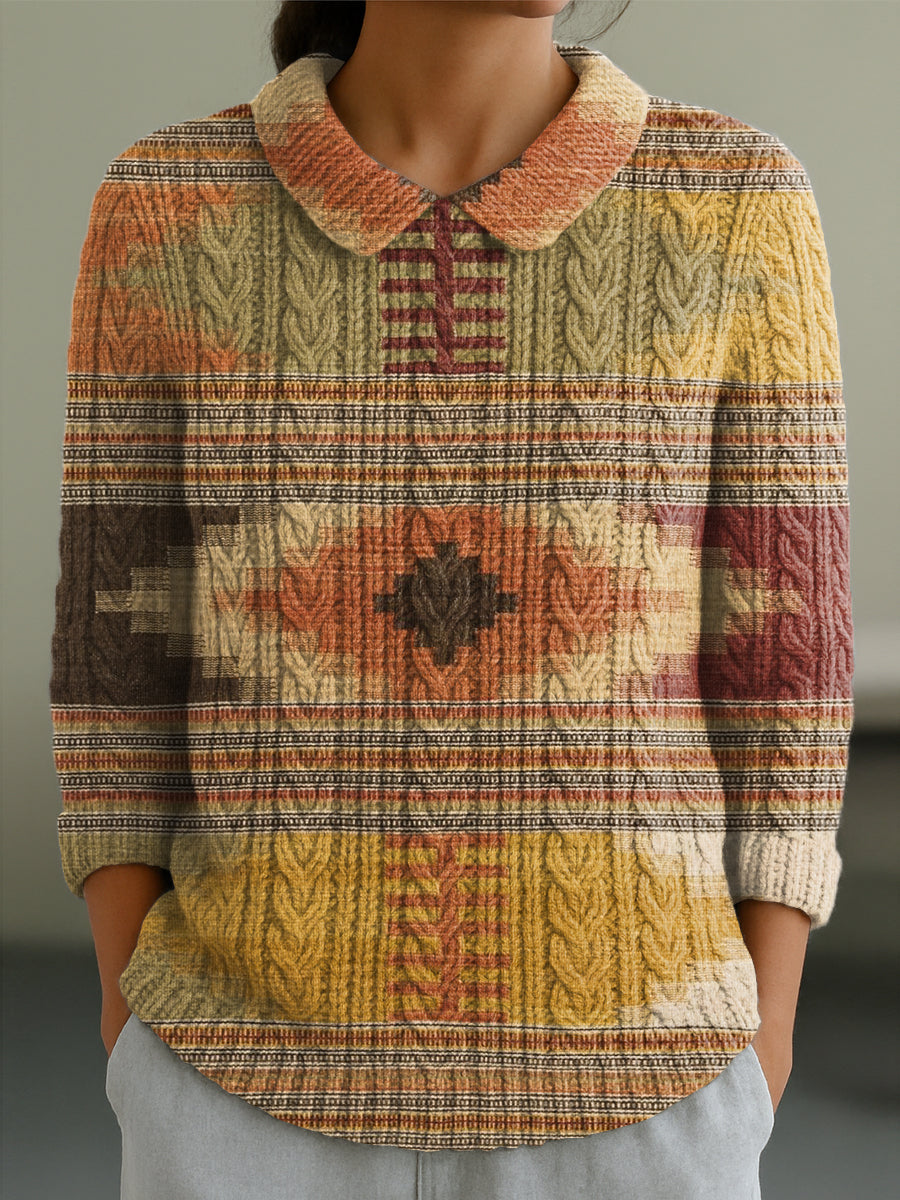 womens-vintage-diamond-geometric-check-art-print-casual-peter-pan-collar-3-4-sleeve-sweater