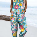 Women's Colourful Art Flowers Print Casual 100% Cotton Wide Leg Jumpsuit