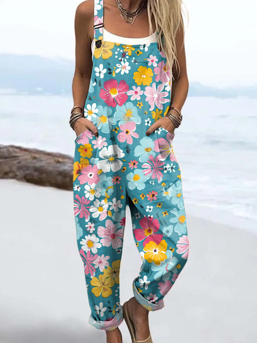 Women's Colourful Art Flowers Print Casual 100% Cotton Wide Leg Jumpsuit