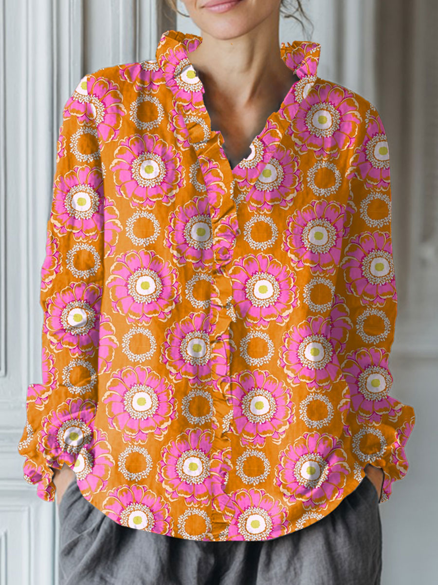 Women's Vintage Flower Art Print Casual Cotton And Linen Ruffle Shirt