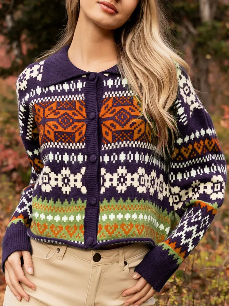 Women's Geometric Print Lapel Long-sleeved Casual Loose Knit Cardigan