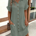 Women's Summer Simplistic V-Neck Button Down Cotton And Linen Shirt Dress