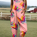 Women's Vintage Butterfly Art Print Casual 100% Cotton Wide Leg Jumpsuit