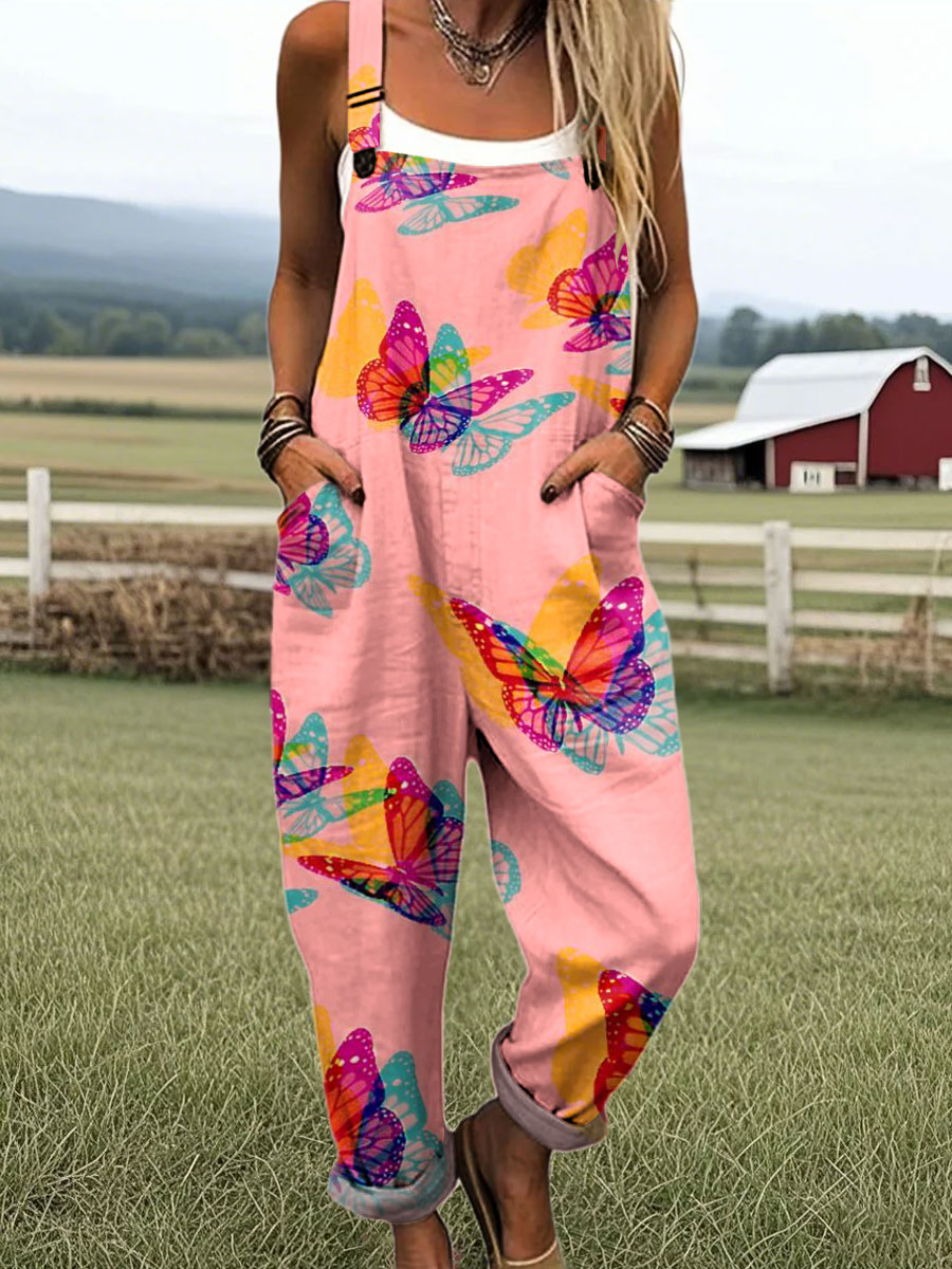 Women's Vintage Butterfly Art Print Casual 100% Cotton Wide Leg Jumpsuit