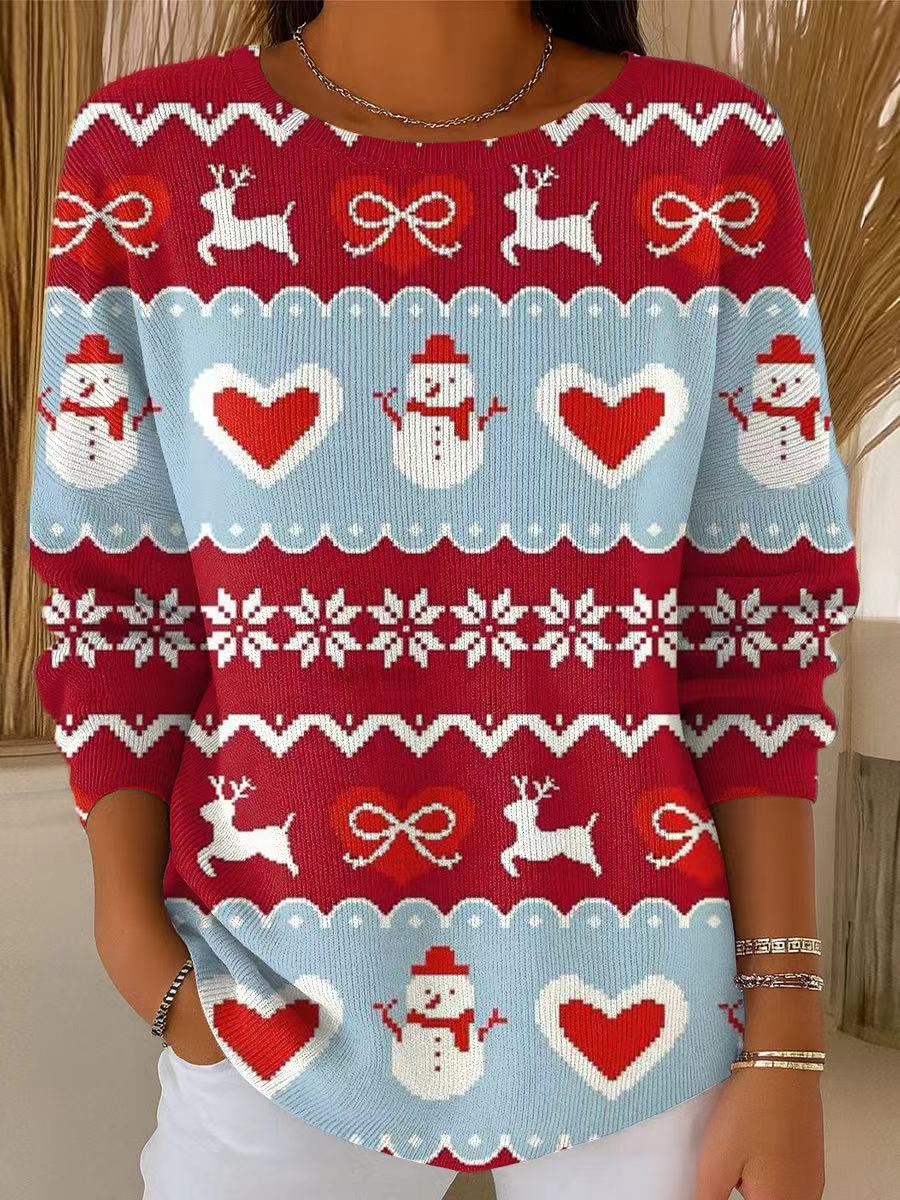 Women's Beautiful Winter Snowman Christmas Elk Painting Art Print Casual Pullover Sweater