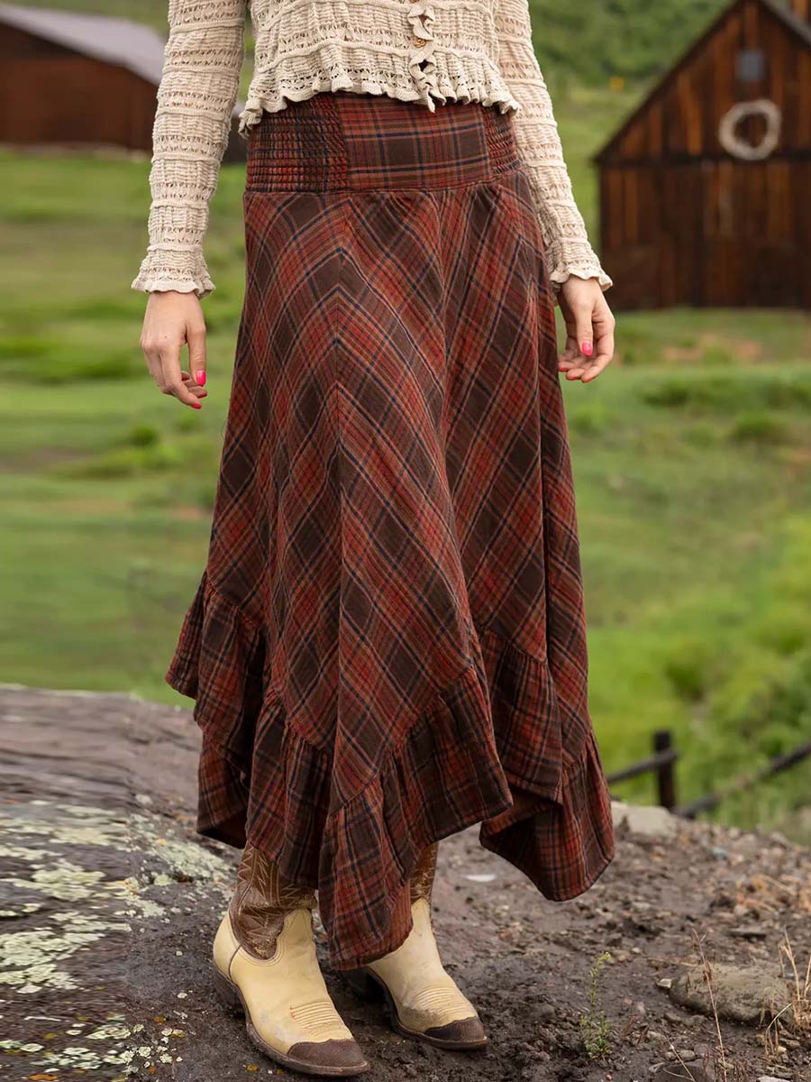 Women's Plaid Print Elastic Waist Casual Cotton and Linen Skirt Strapless Dress Two-Way Dress