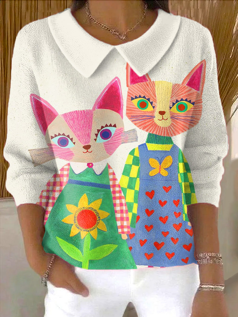 womens-colorful-cute-cat-painting-art-print-casual-peter-pan-collar-3-4-sleeve-sweater