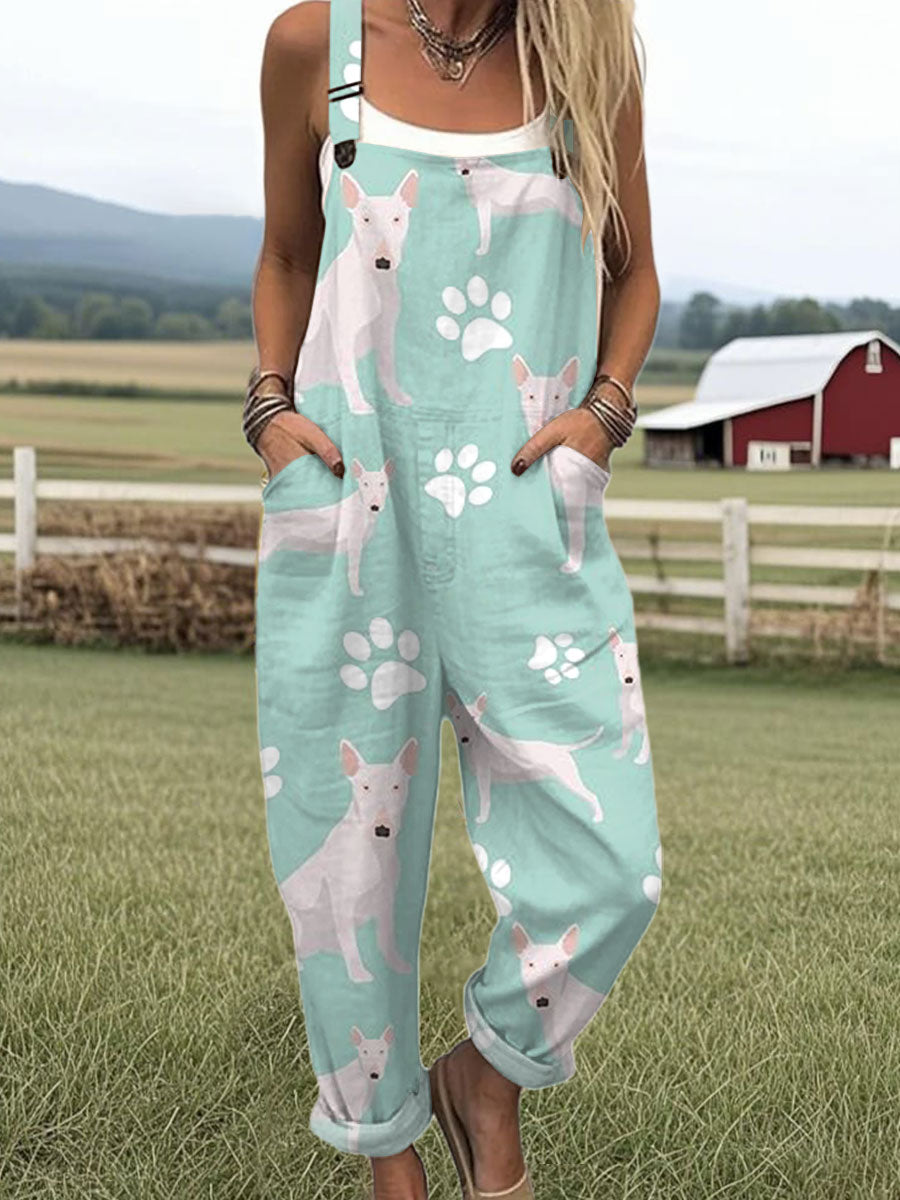 Women's  Funny Dog Art Print Casual 100% Cotton Wide Leg Jumpsuit